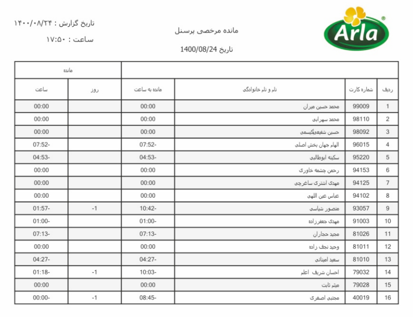 نمونه - نرم افزار PW KARA Web  - گزارش مانده مرخصی پرسنلی